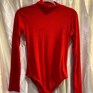 Mock Turtle Neck, Ribbed, Body Suit, Red